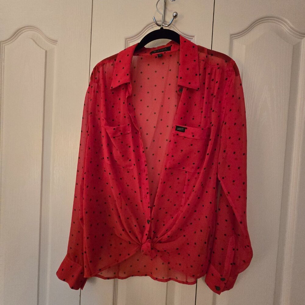 Sheer Guess Red with Black polka Dots women's shirt